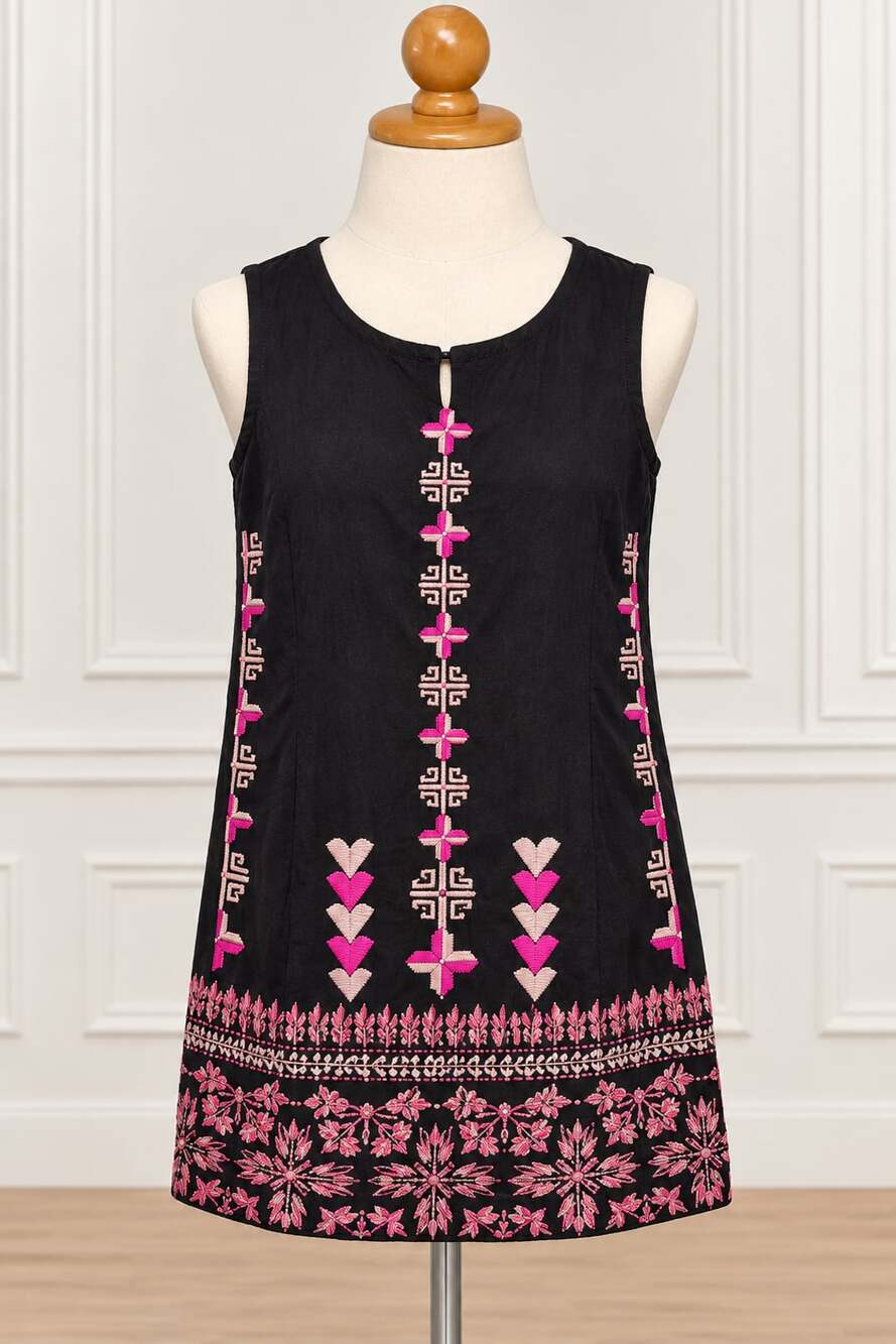 Roberta Roller Rabbit S Black Pink Embroidered Cotton Shift Dress